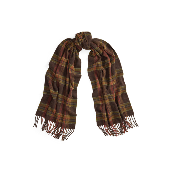 Ralph Lauren Plaid Fringe Wool-cashmere Scarf In Brown