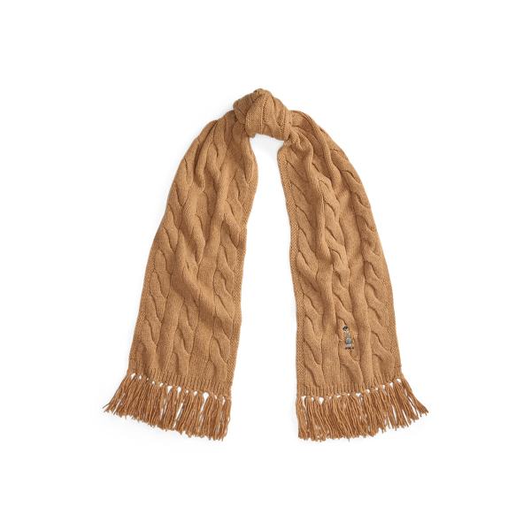 Ralph Lauren Polo Bear Cable-knit Wool-blend Scarf In Brown