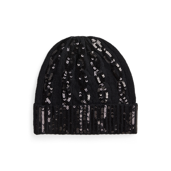 Ralph Lauren Sequined Cable Wool-cashmere Beanie In Black