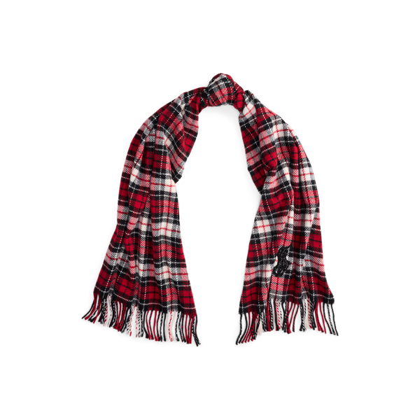 Ralph Lauren Beaded Big Pony Plaid Wool Scarf In Red