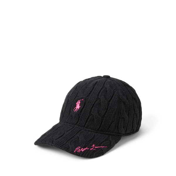 Ralph Lauren Pink Pony Cable-knit Cotton Ball Cap In Black