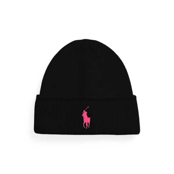 Ralph Lauren Pink Pony Wool Beanie In Black