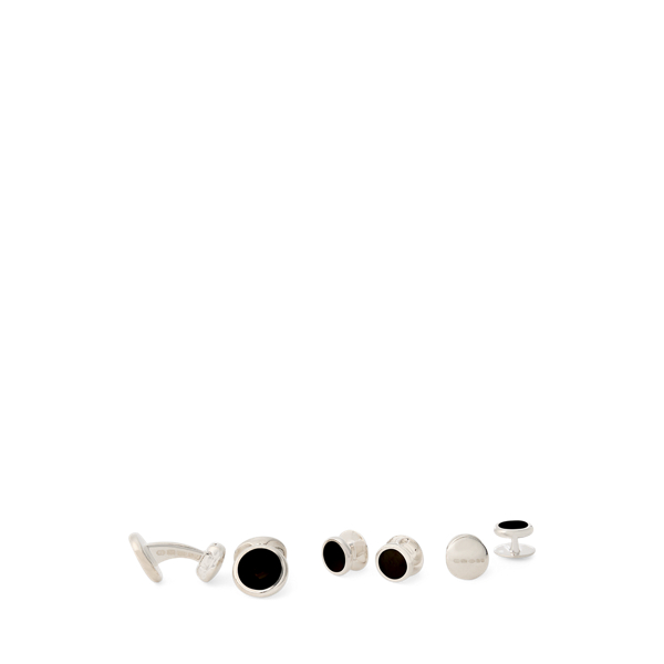 Ralph Lauren Onyx Cuff Link & Stud Set In Silver