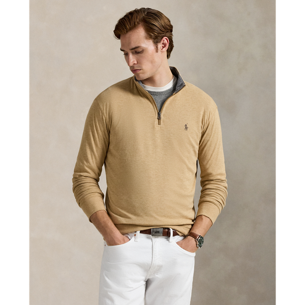 Polo Ralph Lauren Mesh-knit Cotton Quarter-zip Sweater In Classic Camel Heather