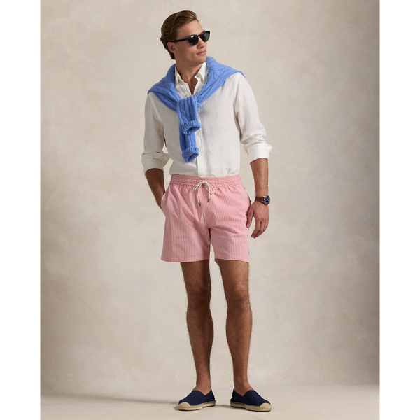 Polo Ralph Lauren 5.75-inch Traveler Classic Swim Trunk In Pandora Red Seersucker
