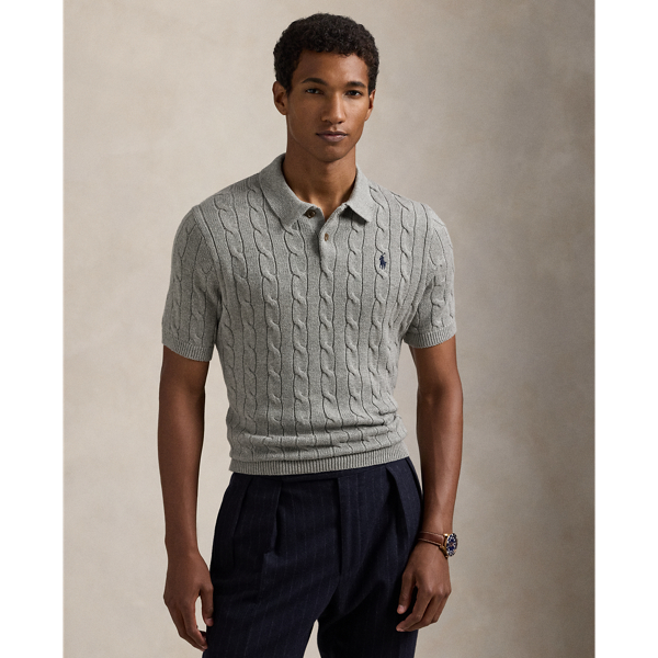 Polo Ralph Lauren Cable-knit Cotton Polo-collar Sweater In Fawn Grey Heather