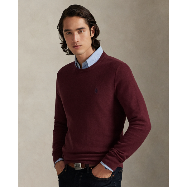 Ralph Lauren Mesh-knit Cotton Crewneck Sweater In Burgundy