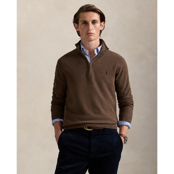 Ralph Lauren Mesh-knit Cotton Quarter-zip Sweater In Brown