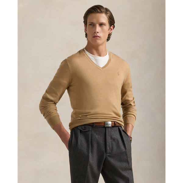 Ralph Lauren Washable Wool V-neck Sweater In Brown
