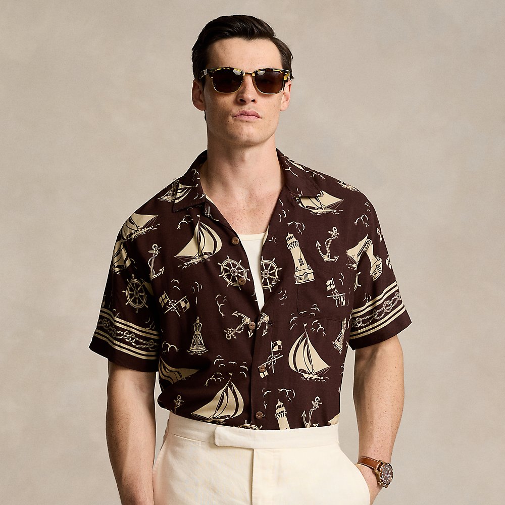 Shop Ralph Lauren Classic Fit Nautical-print Camp Shirt In Captains Dark Brown