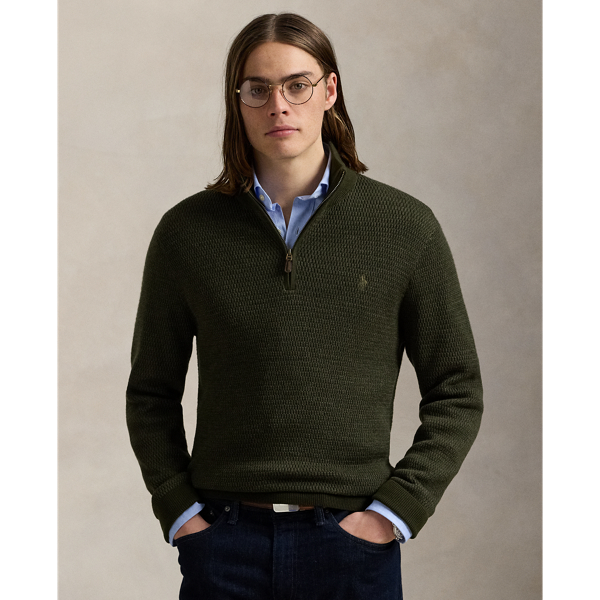 This mockneck jumper combines fine-gauge worsted wool with a textured-knit construction and our signature embroidered Pony.