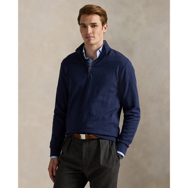 This quarter-zip pullover is made from a double-knit cotton-blend jacquard, which is sueded for a super-soft feel.