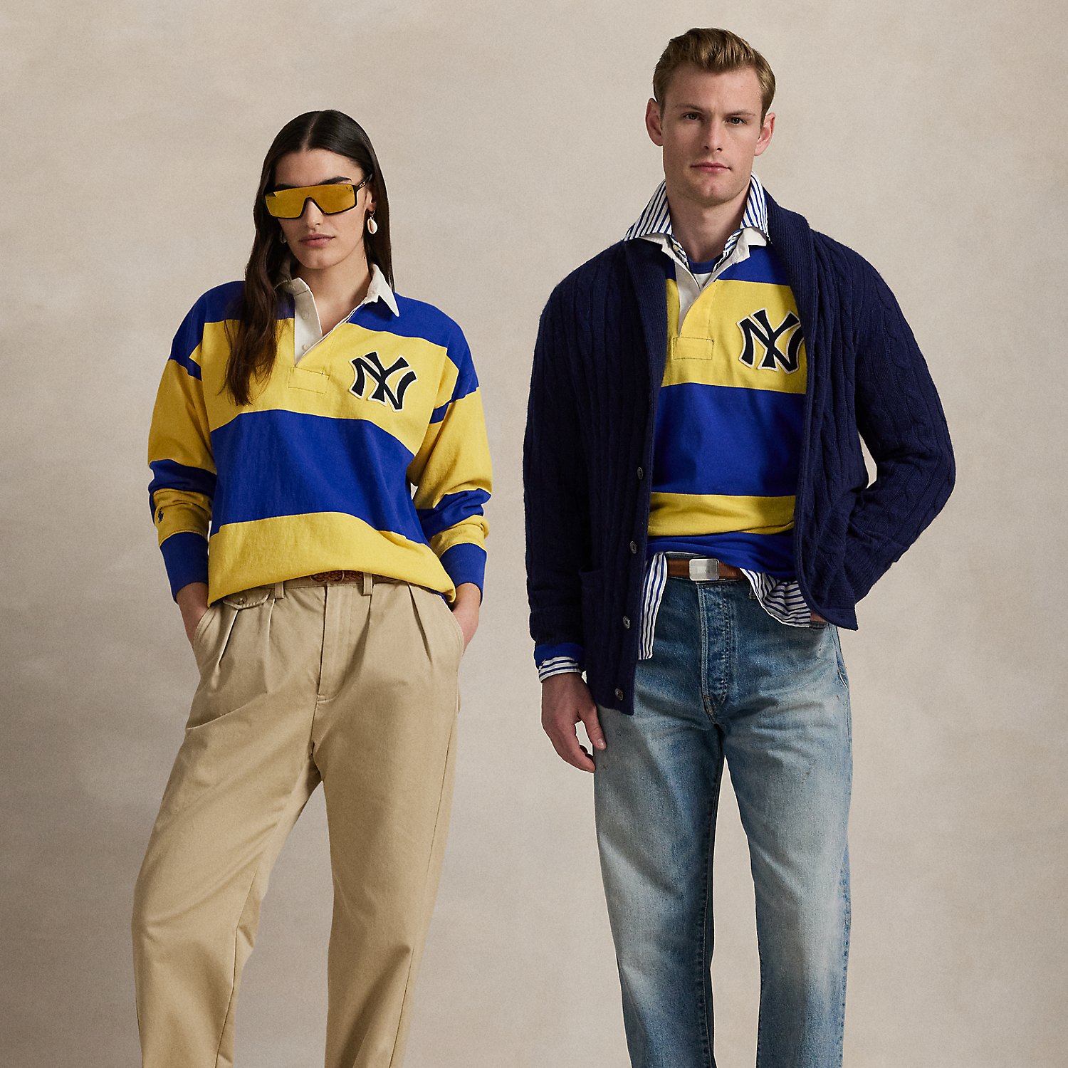 As a boy growing up in the Bronx, Mr Lauren loved going to Yankee Stadium™ to watch his hometown heroes play ball. This unisex rugby shirt celebrates Mr Lauren's long-standing love of the Bronx Bombers™ and the game of baseball with a New York Yankees™ logo patch. Made from striped cotton jersey, it features our signature embroidered Pony and appliqués spelling out "New York".