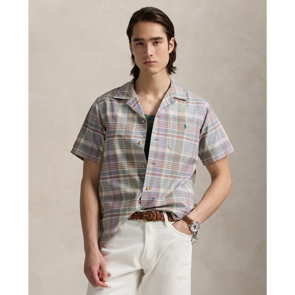Ralph Lauren Classic Fit Plaid Oxford Camp Shirt In Khaki Green Multi