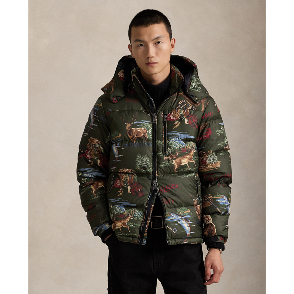 Made from water-repellent fabric, this jacket is insulated with 650-fill-power down and constructed with a detachable hood. It features archival "Sportsman" graphics throughout, as well as new motifs that are influenced by flannel goods from the '60s.