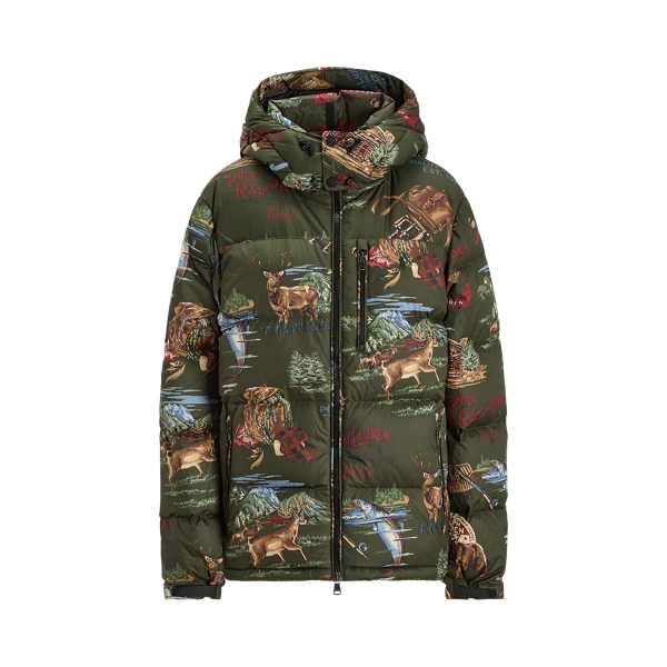 Made from water-repellent fabric, this jacket is insulated with 650-fill-power down and constructed with a detachable hood. It features archival "Sportsman" graphics throughout, as well as new motifs that are influenced by flannel goods from the '60s.