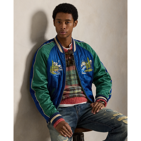 Ralph Lauren Embroidered Satin Bomber Jacket In Multi
