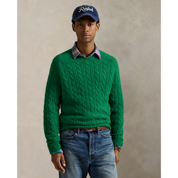 Ralph Lauren Suede-patch Cable-knit Sweater In Green