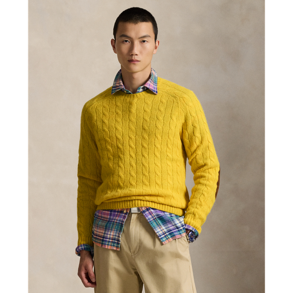 Ralph Lauren Suede-patch Cable-knit Sweater In Yellow