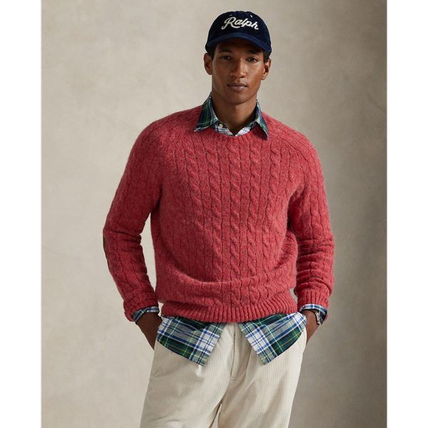 Ralph Lauren Suede-patch Cable-knit Sweater In Pink