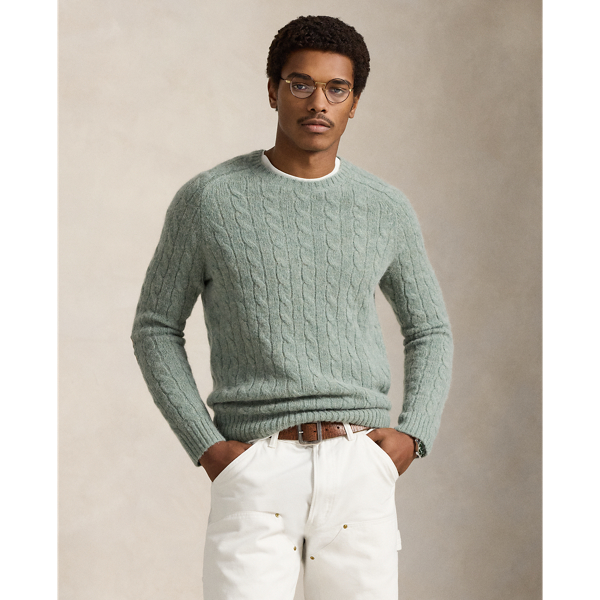 Ralph Lauren Suede-patch Cable-knit Sweater In Green