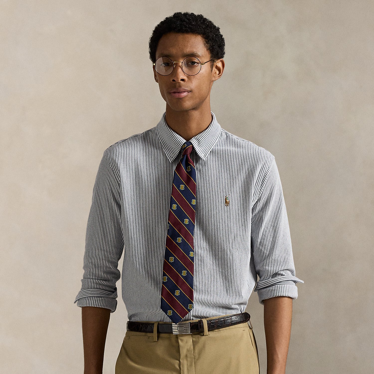Inspired by two of our icons, this striped button-down combines the look of an oxford with the comfort and ease of our Polo shirt's cotton mesh fabric.