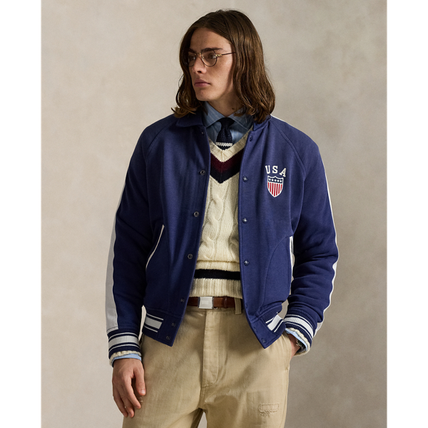 In slub cotton-blend fleece, this sporty jacket features a "USA" print as well as a stars-and-stripes shield patch.