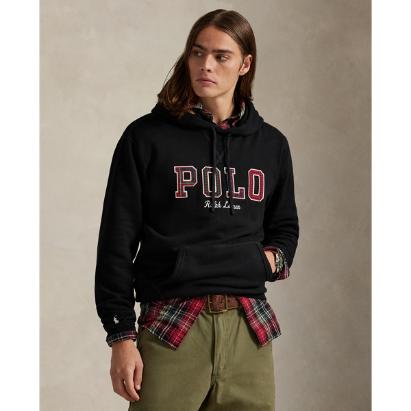 Ralph Lauren The Rl Fleece Plaid-logo Hoodie In Black