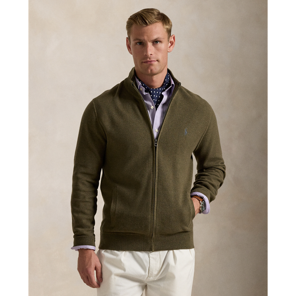 Shop Polo Ralph Lauren Mesh-knit Cotton Full-zip Sweater In Cargo Olive Heather