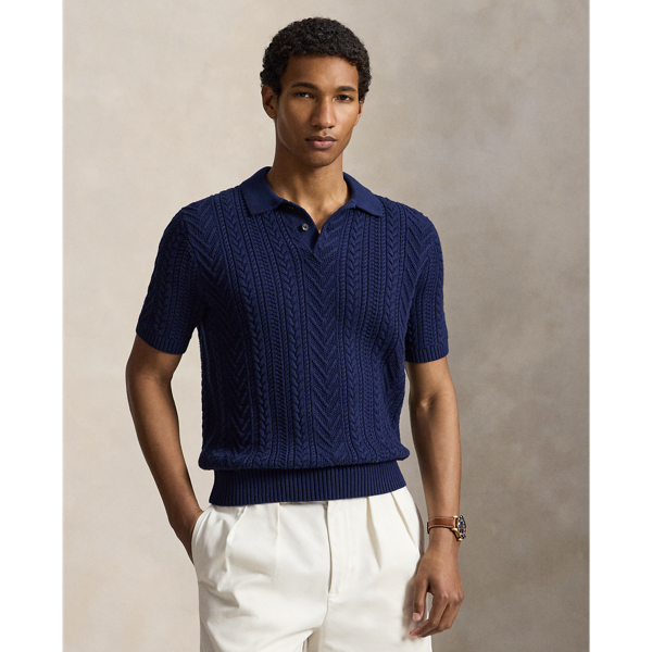 Aran-Knit Cotton Polo-Collar Jumper