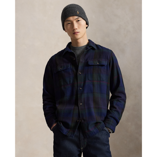 Classic Fit Plaid Suede-Trim Twill Shirt