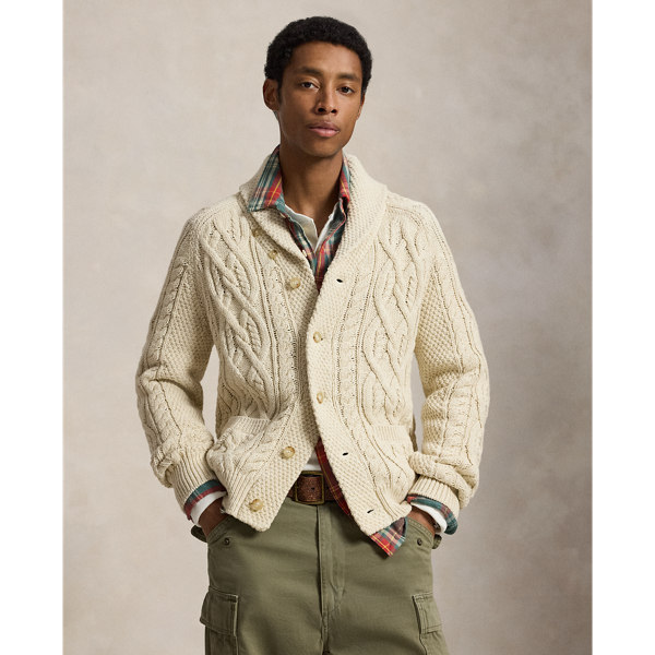 Aran-Knit Cotton Shawl Cardigan