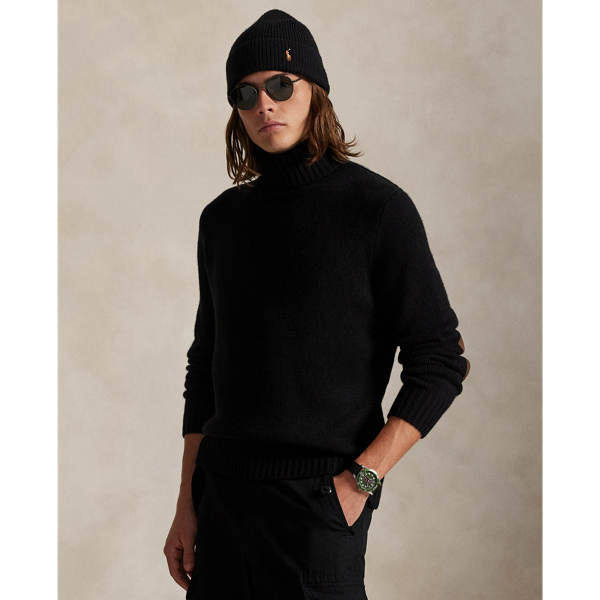 Ralph Lauren Suede-patch Wool-cashmere Sweater In Black
