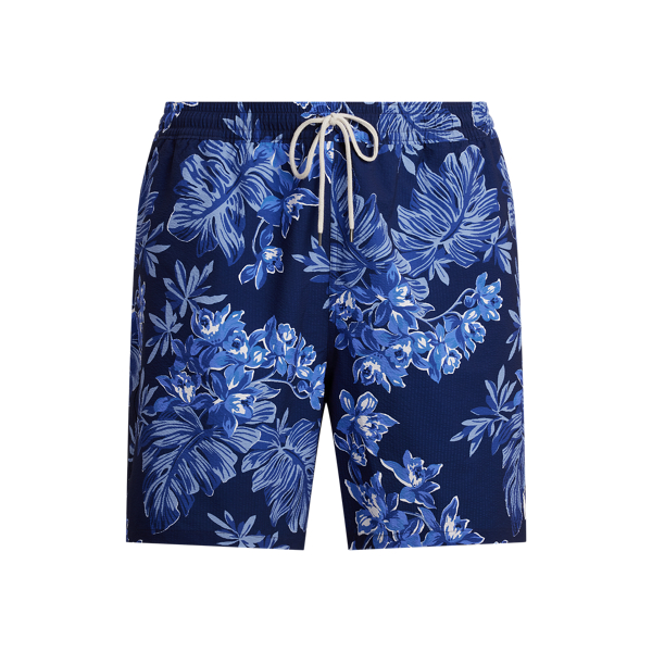 Polo Ralph Lauren Traveler Straight-leg Mid-length Floral-print Seersucker Swim Shorts In Tropical Blue