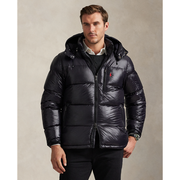 Polo Ralph Lauren Black Down Jacket With Patent Effect And Embroidered Pony Logo On Chest In Tech Fabric Man In Black