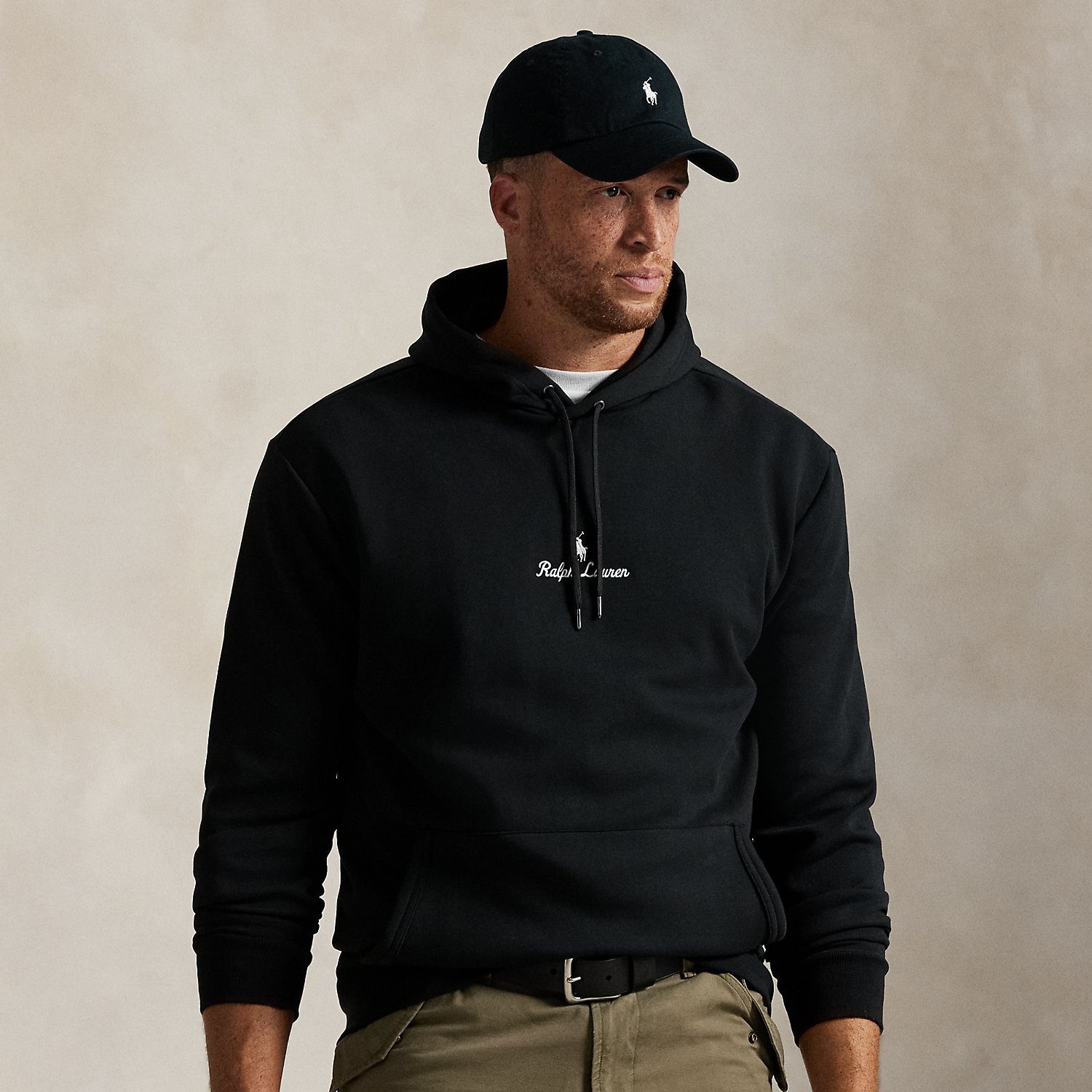 In addition to our signature Pony, this cotton-blend Big & Tall hoodie features our logo embroidered on the front in script letters.