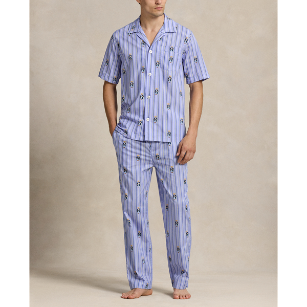 Crafted from crisp cotton poplin, this short-sleeve pyjama shirt features an all-over pattern of the iconic Polo Bear on a striped background.