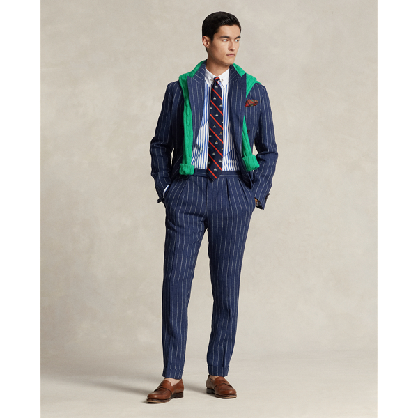 Ralph Lauren Pleated Striped Linen Suit Trouser In Navy/cream