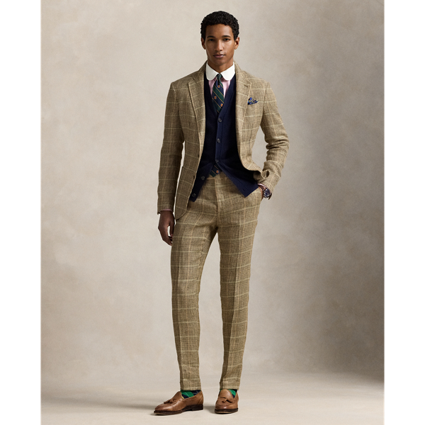 Ralph Lauren Tick-weave Linen-silk Suit Trouser In Brown/tan Plaid