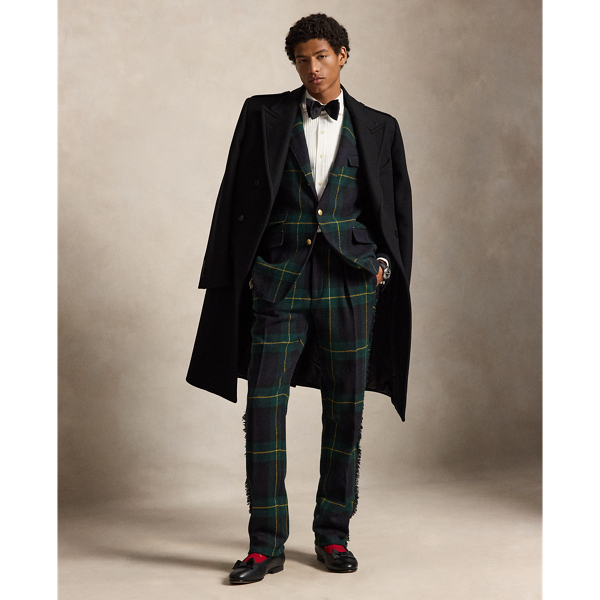 Leather-Trim Plaid Tweed Suit Trouser