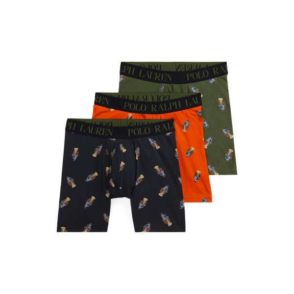 Ralph Lauren Stretch Cotton Boxer Brief 3-pack In Black Orange Drab Bear