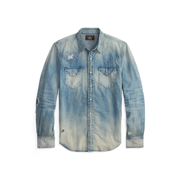 Slim Fit Repaired Denim Western Shirt