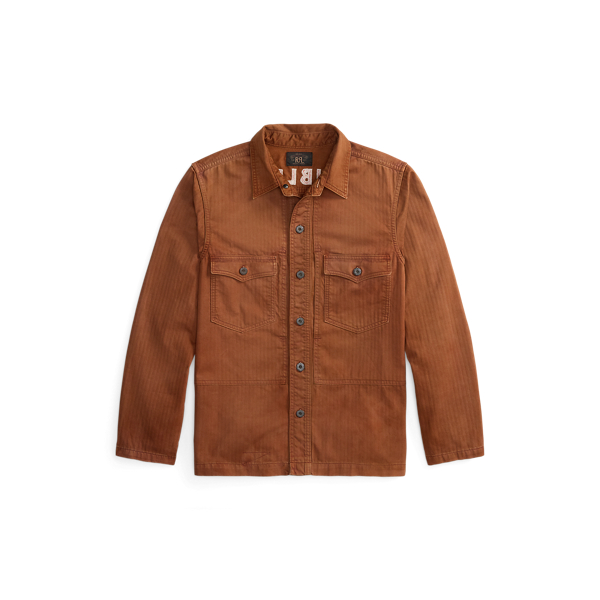 Double Rl Ralph Lauren Embroidered Herringbone Twill Overshirt In Brown