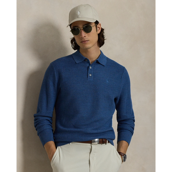 This jumper combines a silhouette inspired by our timeless Polo shirt with moisture-wicking COOLMAX fibres to help keep you cool, dry and comfortable. It is knit using a piqué stitch for subtle texture and finished with genuine mother-of-pearl buttons, which we have custom-developed with our logo.