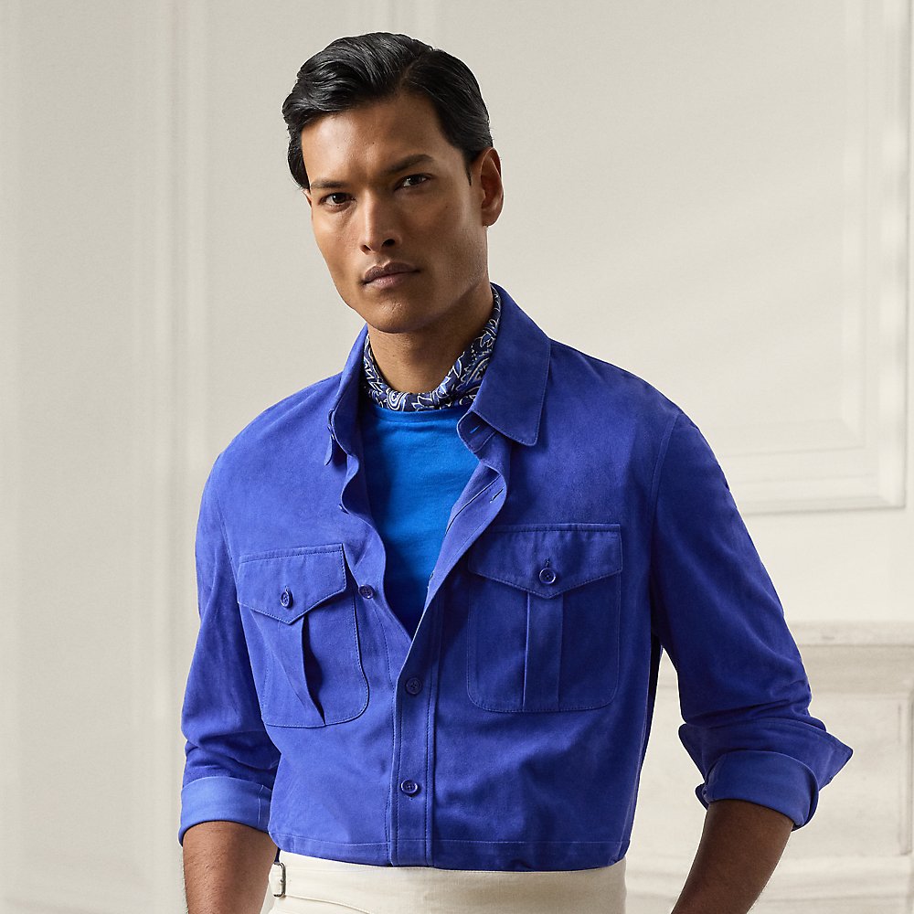 Shop Ralph Lauren Purple Label Suede Overshirt In Offshore Blue