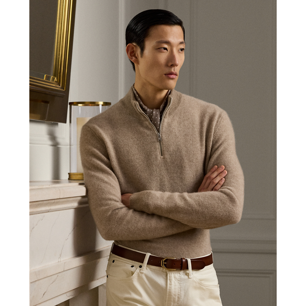 Ralph Lauren Cashmere Birdseye Quarter-zip Sweater In Oatmeal Multi