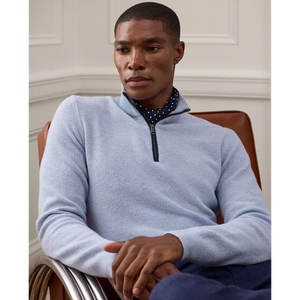 Ralph Lauren Cashmere Birdseye Quarter-zip Sweater In Soft Blue Melange