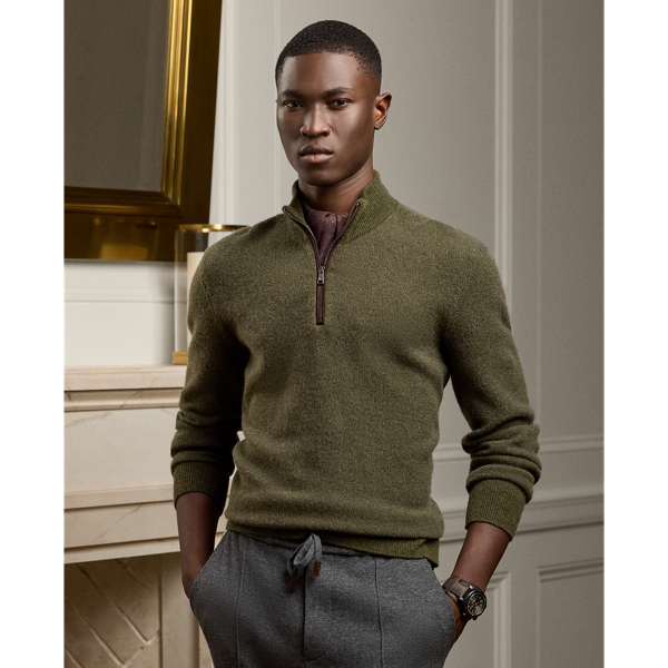 Ralph Lauren Purple Label Cashmere Birdseye Quarter-zip Sweater In Forest Night Mel Multi