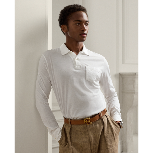 Ralph Lauren Purple Label Lisle Pocket Long-sleeve Polo Shirt In Classic White