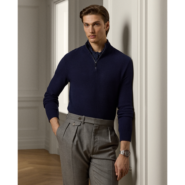 Ralph Lauren Textured Silk-cotton Quarter-zip Sweater In Royal Navy